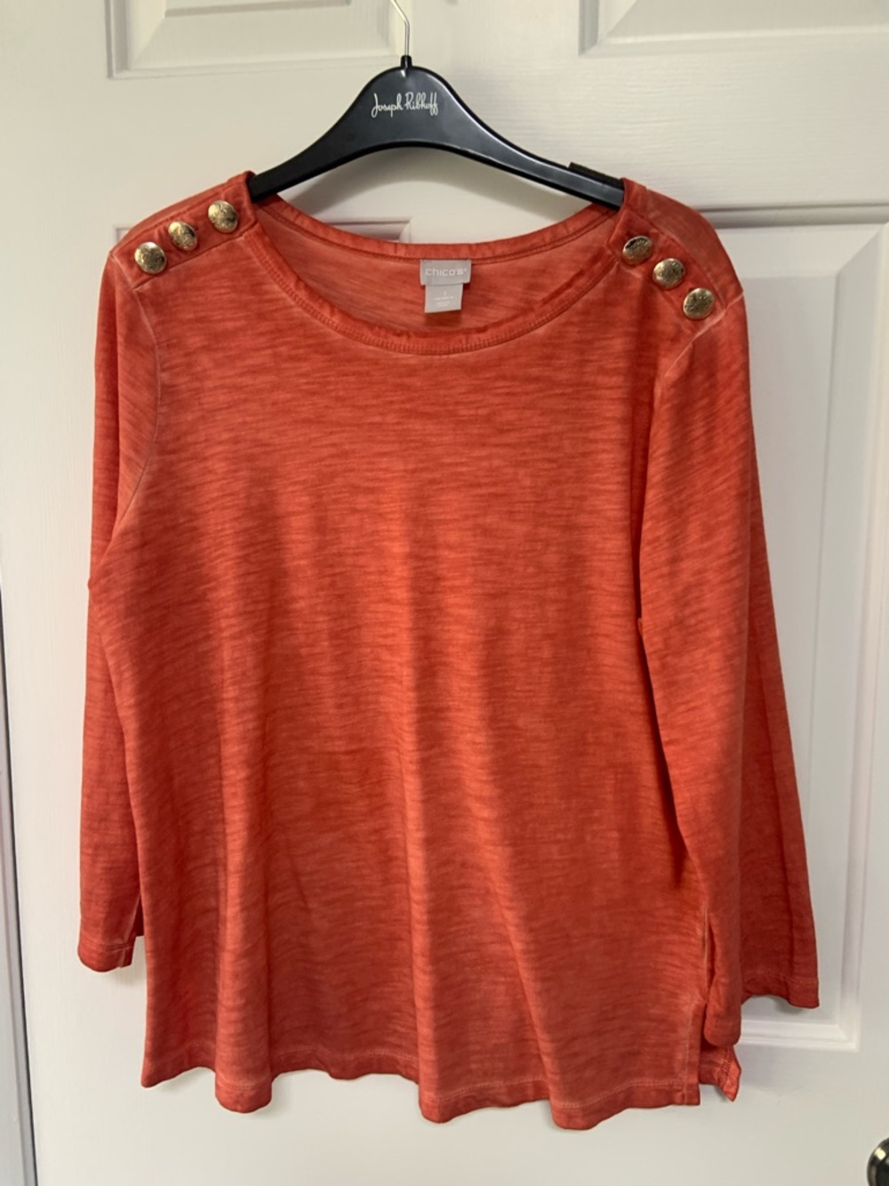 Chico's Burnt Orange Long-Sleeve Top with Decorative Shoulder Buttons